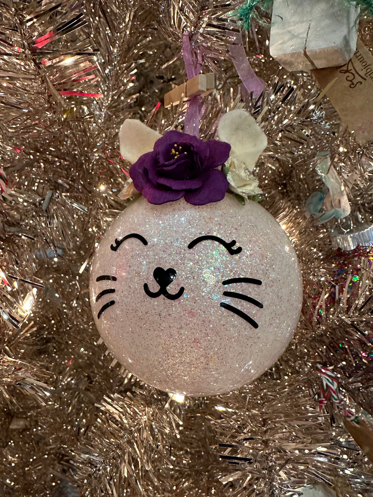 Cat with Flowers Glass Ornament